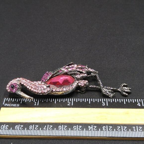 Large Rhinestone Pink & Red Heron Bird Brooch & Pendant, 3 3/4 Inches - Picture 4 of 5